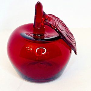 Hand Blown Art Glass Clear Red/Cranberry Apple Fruit Stem leaf Teacher Gift